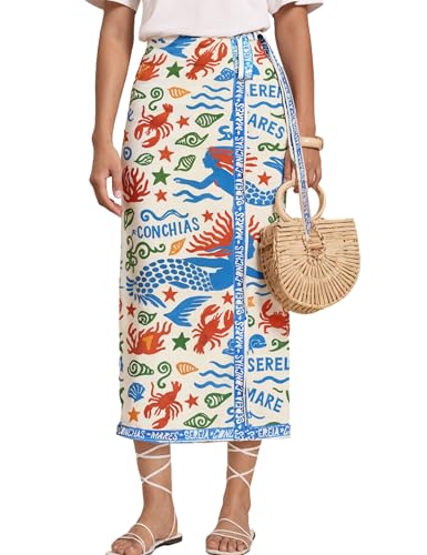 Sujama Women’s Floral Print Wrap Skirts Boho Tie Knot Skirt High Waist Causal Cute Flower Graphic Long Skirts Beachwear 2025 Light Blue