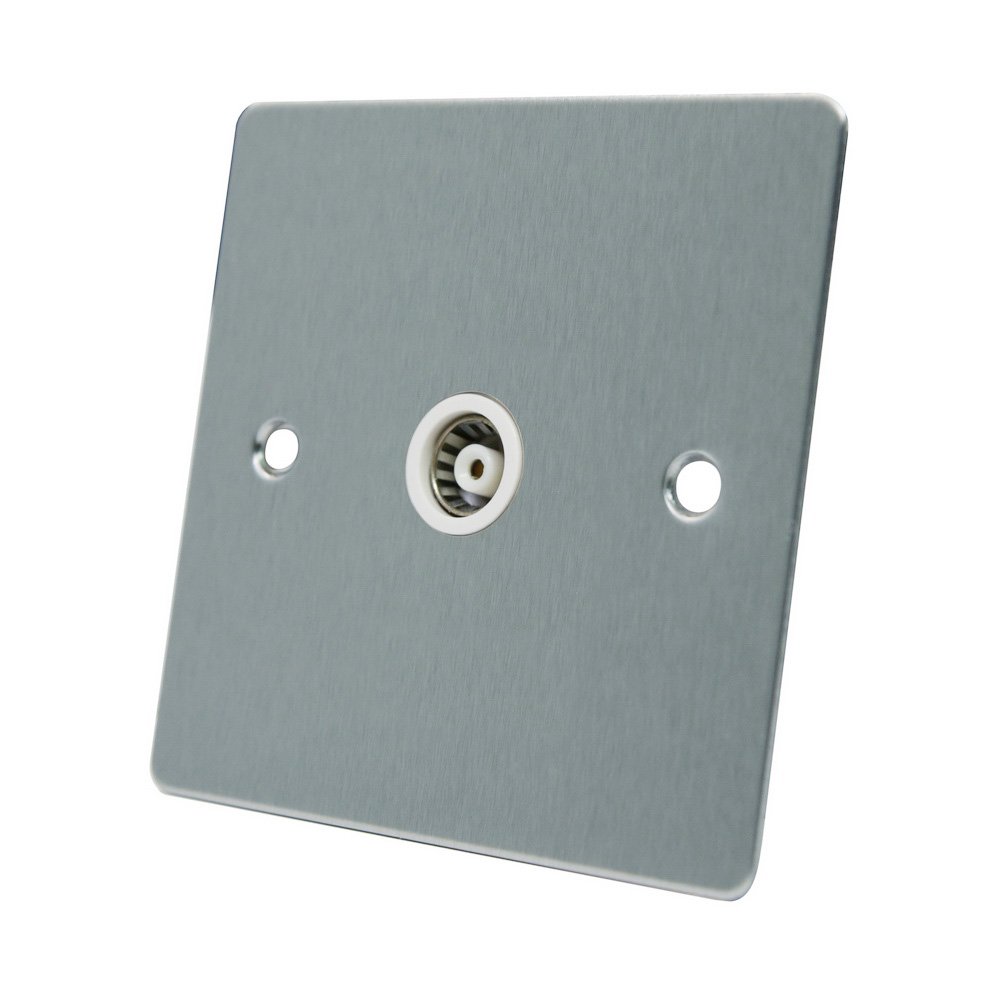 AET FSC1GTVWH 1-Gang Satin Chrome Flat Aerial Coaxial Female TV Socket Plastic White Insert Switch