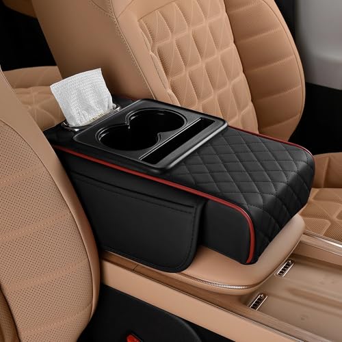 FREESOO Car Center Console Cover, Leather Armrest Cover for Car, Universal Middle Console Cushion with Storage Box, Cup Holder, Tissue Box & Phone Slot, Waterproof Interior Accessories, Black Red