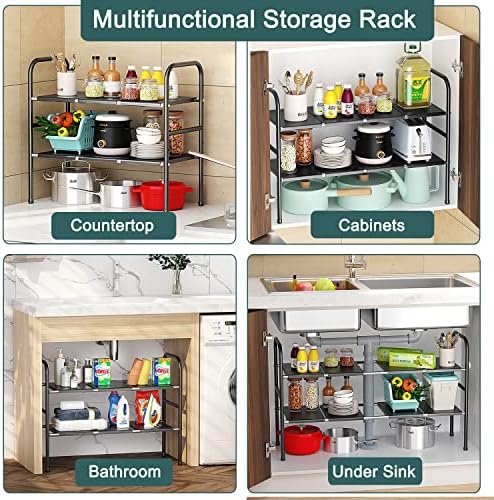 Under Sink Storage Organiser,Extendable 2 Tier Under Sink Shelf Adjustable Under Kitchen Sink Storage Organiser Rack Multifuctional Storage Rack for Kitchen Bathroom with 8 Removable Panels(Black)