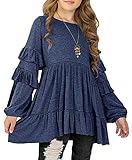 MITILLY Girls Crewneck Ruffle Long Sleeve Loose Pleated Babydoll Blouse Tops with Pockets 10-11 Years Navy Blue