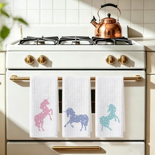 Image of 3 Pcs Tide Tales Unicorn Kitchen Towels, Unicorns Decor Reusable Dish Towel | Waffle Weave Hand Cloth Tea Towel for Kitchen Bathroom Home Decor, Unicorn Lover Gifts for Women Friend Girls 24x14 Inch