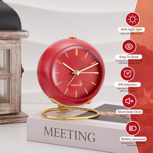 Image of FLOITTUY Silent Table Analog Alarm Clock No Ticking, Lighted on Demand and Battery Operated, Beep Sounds, Small Desk Clock(Tomato Red)