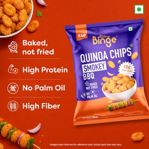 Image of The Healthy Binge Quinoa Baked Chips Smokey BBQ (Pack of 6), 13g Protein - Healthy Snacks | Baked Snacks | No Palm Oil | Protien Rich | Healthy Snacks for Kids and Adults 240g