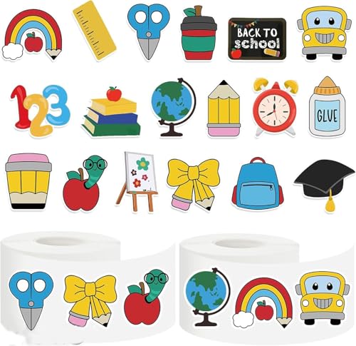 Back to School Stickers, 500pcs Colorful Cartoon School Supplies Pencil Apple Globe School Bus Rainbow Pattern Reward Stickers for Teachers Classroom Decor Envelopes Gift Sealing Party Favors