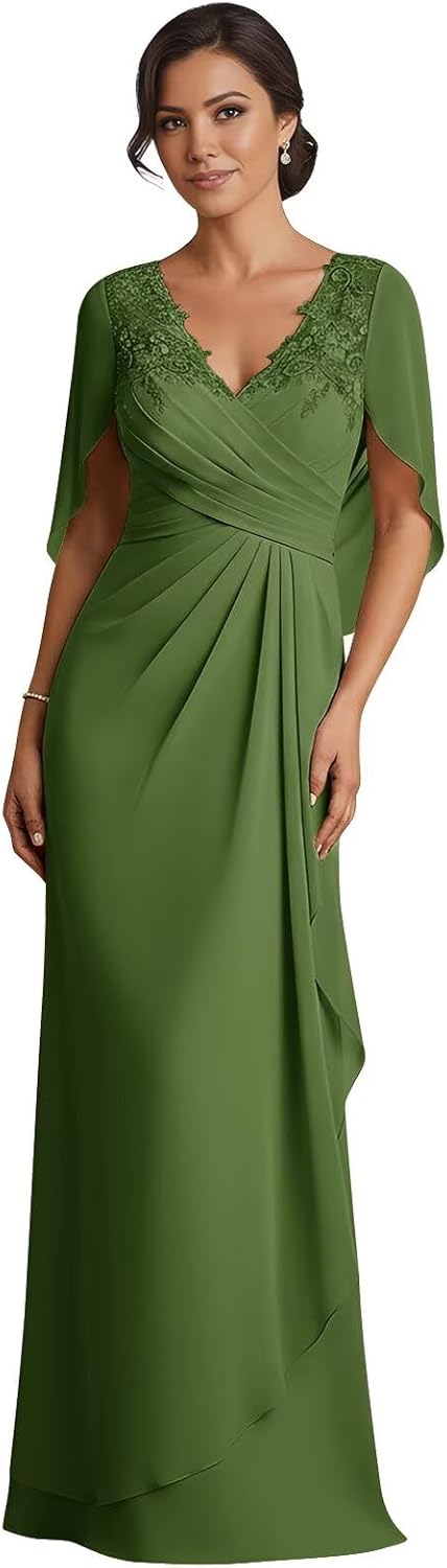 Mother of The Bride Dresses for Women with Cape Sleeve Chiffon Lace Wedding Guest Dress