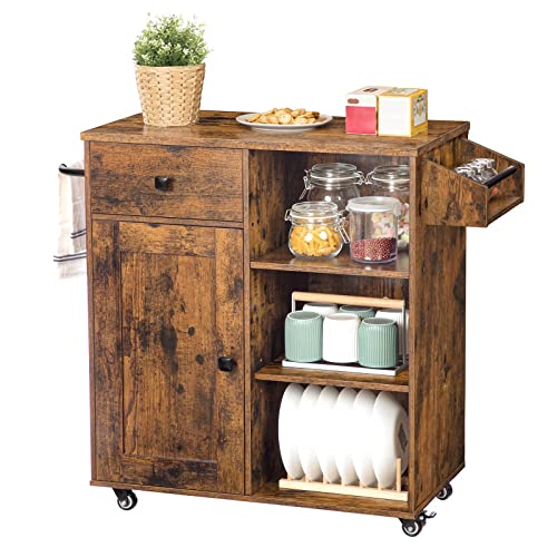 HOOBRO Mobile Kitchen Island Cart, Kitchen Island Cbinet with Spice Rack, Rolling Small Kitchen Cabinet with Storage Drawers, Industrial Kitchen Storage Cabinet with Wheels, Rustic Brown EBF12ZD01
