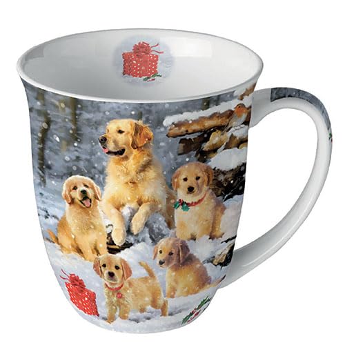 Ambiente Tasse en porcelaine d'environ 400 ml Tasse en porcelaine pour thé ou café Automne Hiver Noël Noël Golden Retriever Puppies