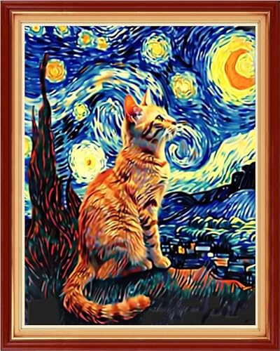 Image of Artvxeay Stamped Cross Stitch Kits - Embroidery Kits for Beginners Cross Stitch Kits for Adults 11 CT Printed Patterns Needlepoint Kits-Van Gogh Starry Cat 16x20 inch
