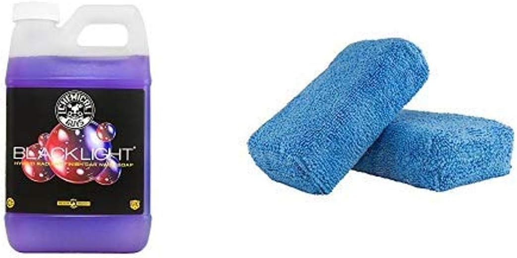 Chemical Guys CWS61964 Black Light Hybrid Radiant Finish Car Wash Soap (64 oz - 1/2 Gallon) and MIC_292_02 Premium Grade Microfiber Applicator, Blue (Pack of 2)