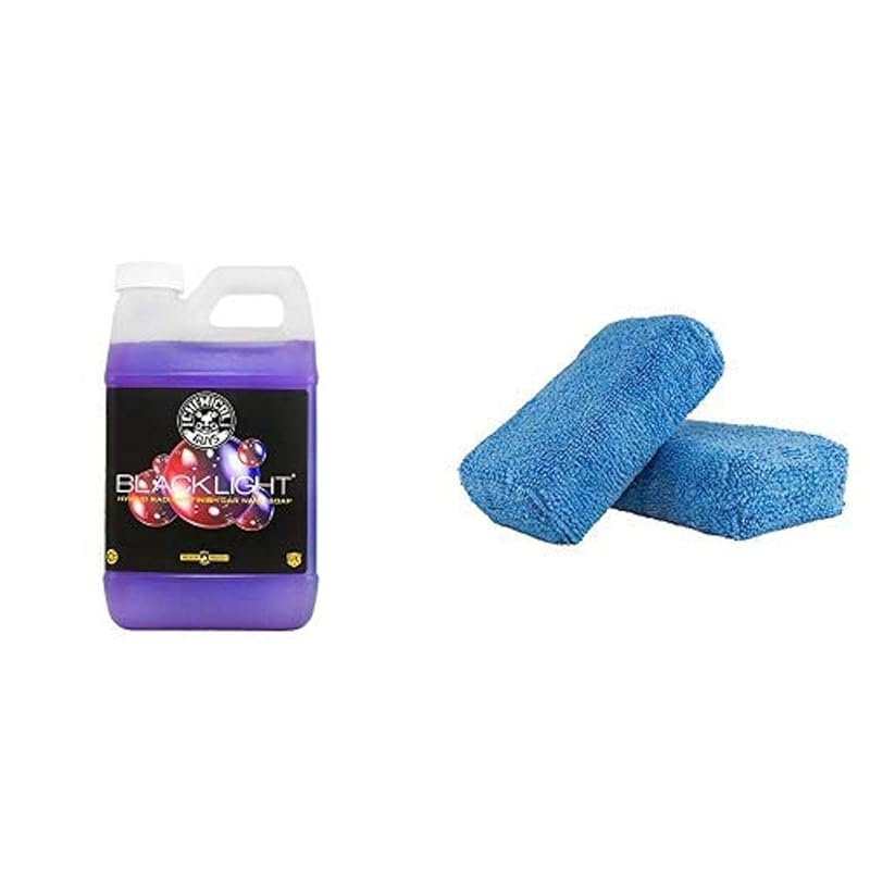 Chemical Guys CWS61964 Black Light Hybrid Radiant Finish Car Wash Soap (64 oz - 1/2 Gallon) and MIC_292_02 Premium Grade Microfiber Applicator, Blue (Pack of 2)