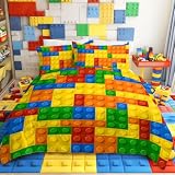 BlessLiving Twin Comforter Building Blocks Bedding Soft Colorful Microfiber Comforters with 2 Pillow Cases, 3-Piece Machine Washable Quilt Set for All Season
