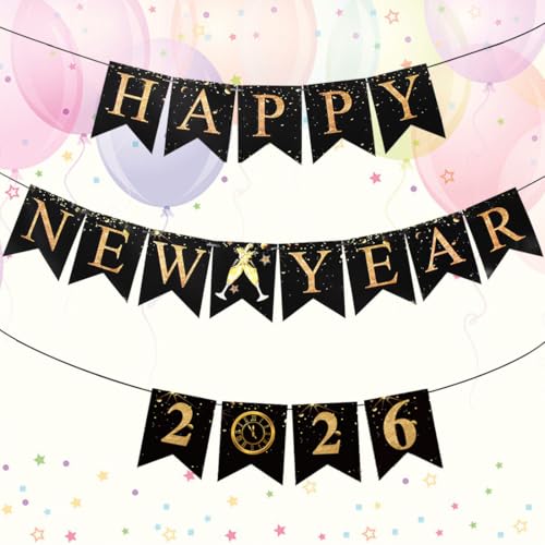 KOOKZ 2026 Neujahr Banner Silvester Girlande, Schwarz und Gold Neujahr Partybanner Hängende Silvester Wimpel, Ideal Happy New Year Banner für Neujahr Party Deko Wand