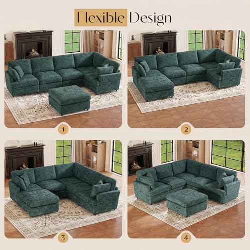 Image of 122.6 inch Chenille Modular Sectional 6 Seater Sofa, Deep Seat Couch with Ottoman & Removable Covers, Free Combination Modern Couch, L /U Shaped Modular Sectional Sofa, for Living Room, Apartment, Green