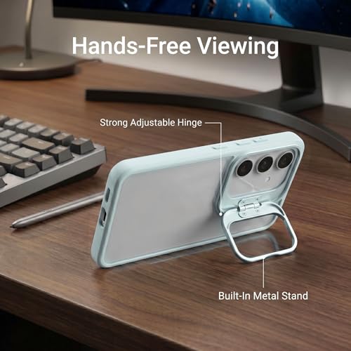 Image of amazon basics Frosted Matte Case for Samsung Galaxy A55 5G | Built-in Flip-Out Camera Lens Stand | Translucent Back with Contrast Blue Bumper | Shockproof Protective Cover with Foldable Kickstand