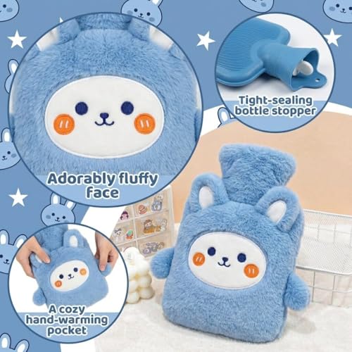 Image of Bunny Hot Water Bottle with Plush Cover & Hand Warmer Pocket 1000ML Leak-Proof Heating Bag for Pain Relief & Period Cramps, Hot & Cold Therapy for Injury, Back & Joint Pain, Muscle Relaxation (Baby Blue)