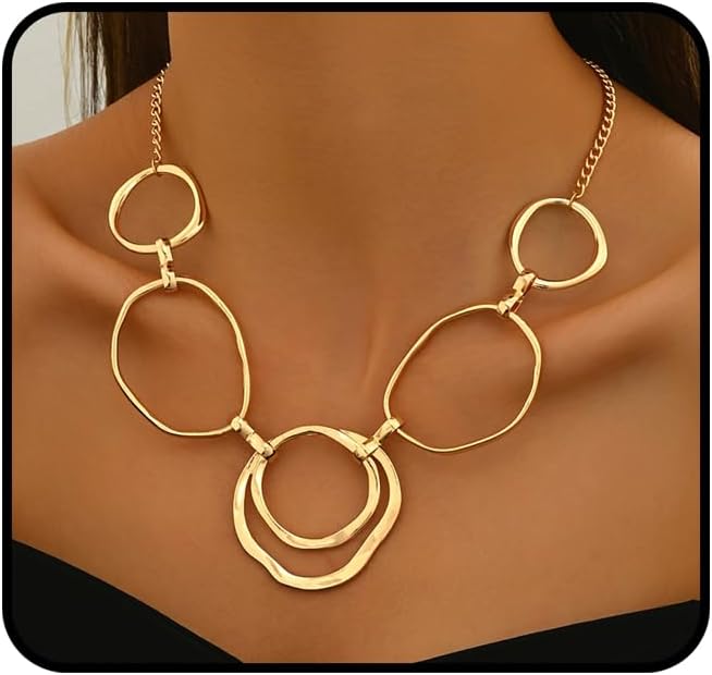 Chunky Gold Statement Necklace for Women, Big Geometric Circle Link Chain Collar Bold Fashion Chunky Trendy Metal Statement Jewelry Gift