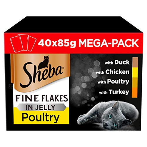 Sheba Fine Flakes in Jelly, Poultry Collection, Wet Cat Food Pouches for Adult Cats, 40 x 85 g Pack