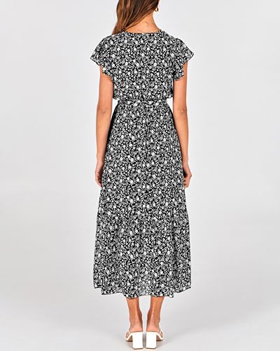 Image of BTFBM Women Summer Bohemian Floral Casual Wrap V Neck Ruffle Cap Sleeveless Belt A-Line Pleated Hem Midi Sun Dress White