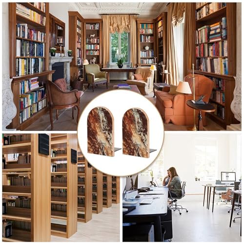 Sujetalibros de mármol marrón mixto y madera moderna para estanterías elegantes 6