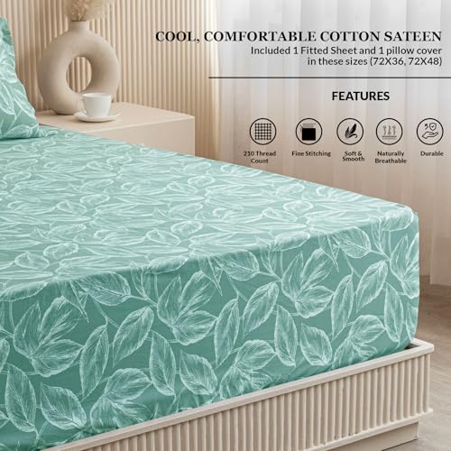Image of HOMEMONDE All Around Elastic Fitted Bedsheet 72 x 36 Inch Cotton 210 TC Printed Wrinkle Free Single Bed Bedsheets with 1 Pillow Cover, Perfect for Home Decor & Gifting - Aqua Blue
