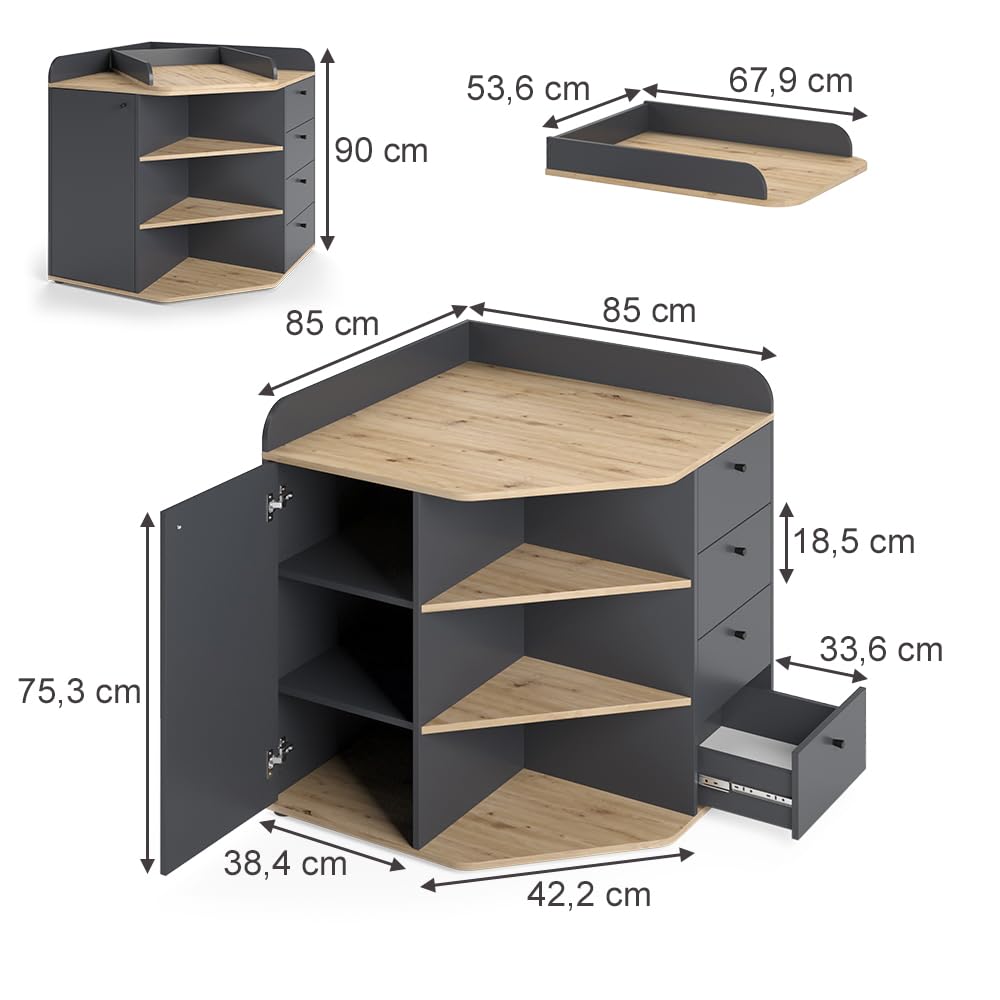 Vicco Przewijak dla dziecka "Aria", Antracyt, 85 x 90 cm | z półkami i 4 szufladami, convient comme table à langer pour bébés et tout-petits