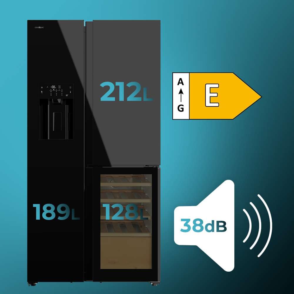 Cecotec Bolero CoolMarket TDW 529 WID Black Glass E 3-door refrigerator, wine cellar, 529L, Inverter Plus, Total No Frost, E, MultiAirFlow, Fast Cooling.
