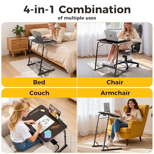 Image of FoldWise Upgraded Folding TV Tray Table - Extra Large & Sturdy Laptop Table for Couch, Height & Angle Adjustable Desk for Dinner, Work & TV - Includes Footrest, Cup Holder, iPad Holder & Edge Stopper