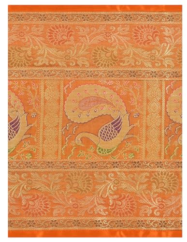 Image of Banarasi Brocade Zari Silk Table Runner Dinning & Centre Table Runner 177 By 30 CM (Mustard Yellow, Peacock)