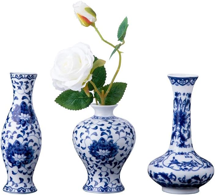 ArtFam Glaze Blue & White Porcelain Flower Vases Set of 3, Classic Chinese Bottle Vases for Home Decor, 01