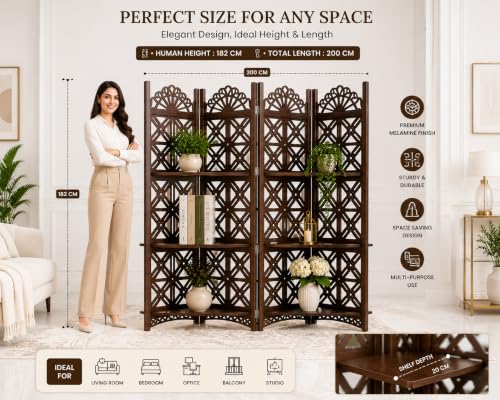 Image of Wooden Partition Divider for Living Room, Partition Wall, Privacy Divider, Freestanding Folding Panels (6 feet 5 Panel with Shelf) (6 Feet 4 Panel with 3 Shelf Brown)