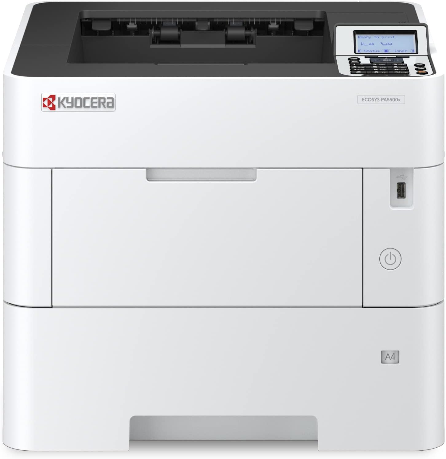 ECOSYS PA5500x Monochrome Laser Printer, 57 ppm, 600 x 600 dpi and Up to Fine 1200 dpi, 600 Sheet Tray, 100 Sheet MPT, Duplex, 5 Line LCD w/Hard Key Panel, Gigabit Ethernet, USB, 512 MB