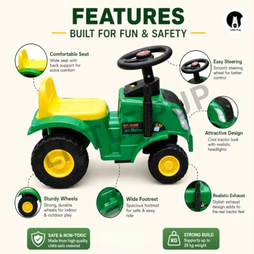 Image of Little Pup Kids Ride On Tractor Toy with Music & Horn, Steering Wheel, Comfortable Backrest, Wide Footrest & Sturdy Wheels for Boys & Girls (Green)