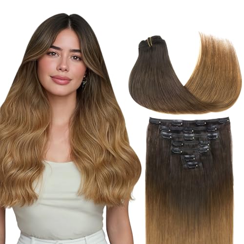 Image of GOO GOO Clip in Hair Extensions Real Human Hair, Remy Human Hair Extensions Clip ins for Women, Natural Human Hair, 18inch 120g 7Pcs, 1D /2C /4E Chocolate Dip Color Melt