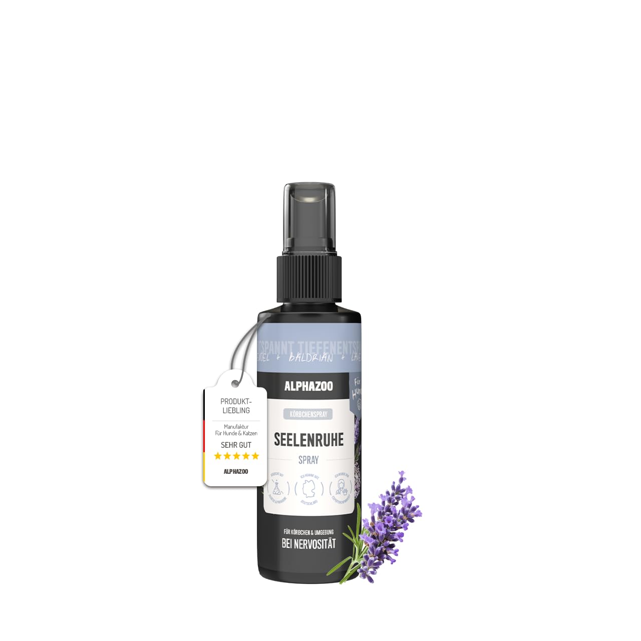 alphazoo Seelenruhe Spray für Hunde 100ml – Mit Lavendel & Baldrian. Unterstützt Entspannung & Gelassenheit. Ideal für stressige Situationen & ruhige Momente. Alkoholfrei & sanft. Körbchenspray