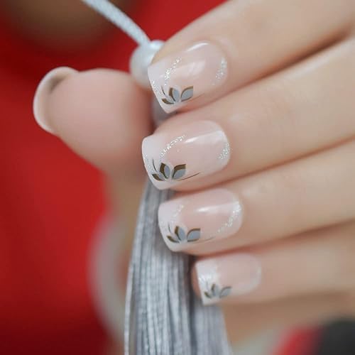 Miniatura 4 de iBeautying - Uñas postizas a presión blancas y rosas francesas, uñas postizas con acabado de gel UV, uñas postizas reutilizables con purpurina