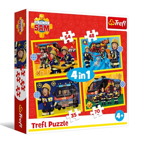 Trefl - Sam Le Pompier, Pompier en Service - Puzzle 4 en 1, 4 Puzzles, 35 à 70 pièces - Différents Niveaux de difficulté, pour Les Enfants à partir de 4 Ans