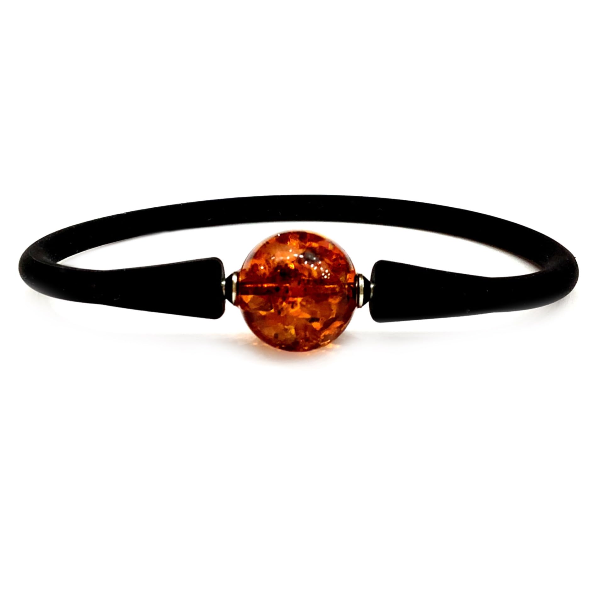 Armband Kautschuk/Silikon mit Bernstein Kugel D-14mm, Gr. 18-20, Silikonarmband Damen und Herren, echter baltischer Bernstein in Farbe Cognac; nicht hitzgepresst, nicht synthetisiert