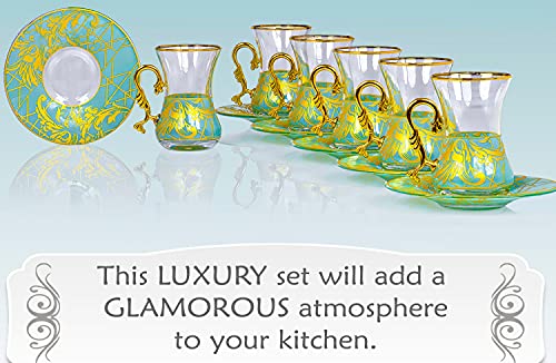 Vintage Turkish Tea Glasses Cups And Saucers Set Of 6 For Party Adults Fancy Persian Gold Decorative Serving Teacups Teapot Gift Drinking Women Coffee Moroccan Wine Style Mugs Floral Unique #TOP6