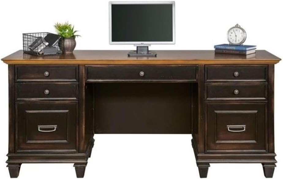 Beaumont Lane Traditional Wood Credenza Office Desk, Distressed Black Finish, 69.5 in Wide, Drop Front Keyboard Drawer, File Storage, USB Power Center, Vintage Style Home Office Desk