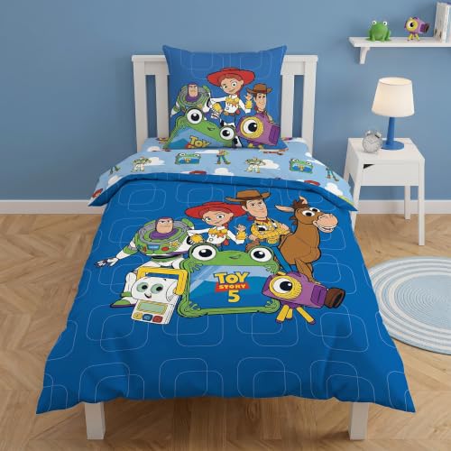 Toy Story 5 Parure de Lit Enfant - Housse de Couette 140x200 cm, Taie d'oreiller 65x65 cm et Drap Housse 90x200 cm - Motif Pal Patrol Woody Buzz Jessie - 52% Coton 48% Polyester - Bleu