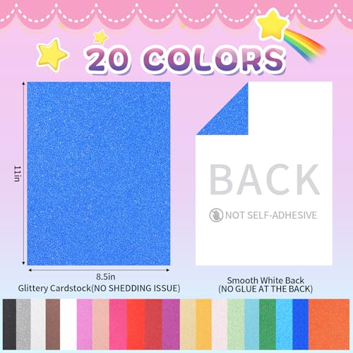 A4 Glitzer-Karton, 20 Bögen in 20 verschiedenen Farben, abriebfester Karton für Cricut, glänzendes Papier für Kartenherstellung, Bastelarbeiten, Scrapbooking und DIY-Projekte, 250 g/m²