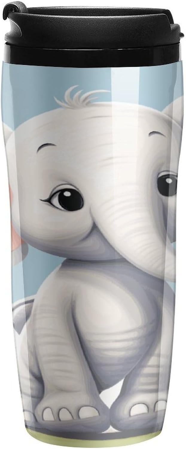 Cute Elephant1 Coffee Cup Reusable Portable Water Bottle with Double-Walled Plastic,Coffee Mug for Hot & Cold Drinks, Cup Holder Friendly 350ml