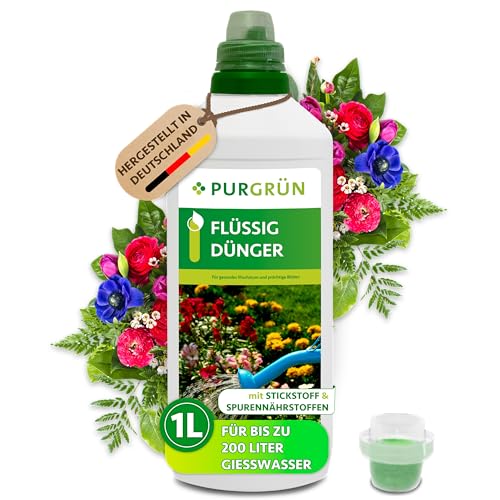 Purgrün® Flüssigdünger 1 Liter – Fördert Wachstum & Blütenbildung – Für Innen & Außen – Premium-Flüssigdünger mit Spurennährstoffen – Premium-Dünger mit Spurennährstoffen – Für 200 Liter Gießwasser