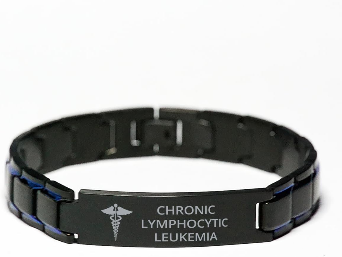 Medical Blue Black Metal Bracelet, Chronic Lymphocytic Leukemia Awareness, Medical Symbol, SOS Emergency Health Life Alert ID Engraved Stainless Steel Silver Jewelry Adjustable Bracelet For Men W