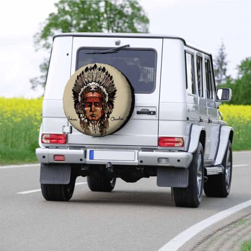 Image of Indian Cherokee Spare Tire Cover Warrior Art Culture Chief Hand Drawing Head Wheel Covers for RV Tires Camper Tire Case Protectors for Trailer Rv SUV Truck Travel Trailer 15 in