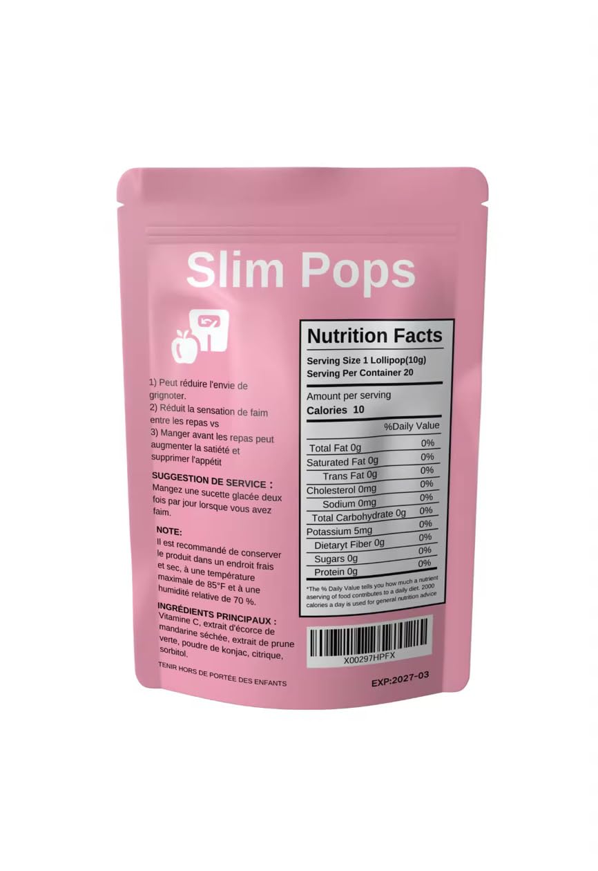 Slim Pops HMP - Sucettes Coupe-Faim pour Perte de Poids - 20 Sucettes Minceur, Vitamine C, Konjac, Mandarine Séchée, Prune Verte, Menthe - Sans Sucre et Enrichies en Fibres