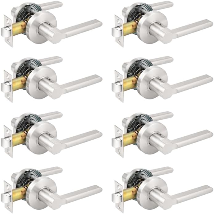 Probrico Interior Brushed Nickel Door Handle, Slim Handed Passage Door Handles, Keyless Door Levers Lockset for Closet and Hallway (8 Pack, Modern)