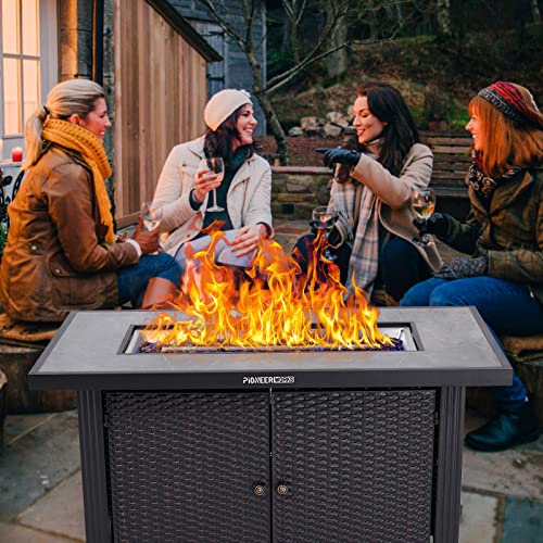 44 Inch Propane Fire Pit Table, Pioneerworks 50000Btu Rectangle Fire Table With Double-Sided Cover, Separate Storage Space, Slate Tabletop&Hidden Ignition, Csa Certified, Companion For Your Garden #TOP5