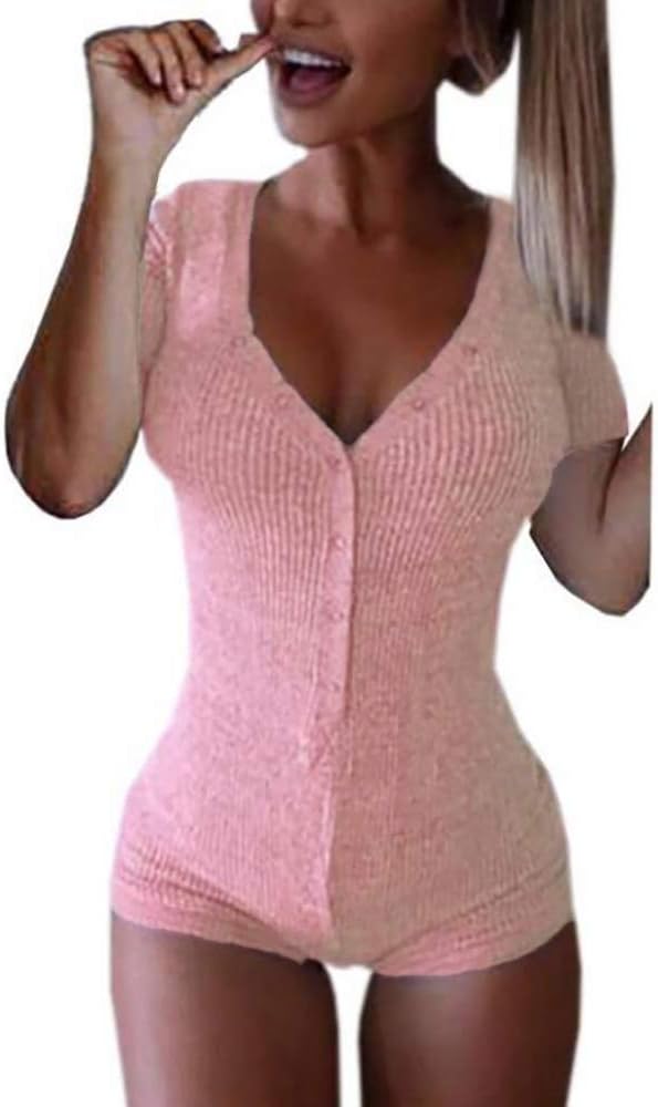Roselux Women's Sexy Deep V Neck Shorts Short Sleeve Knitted One Piece Bodysuit Sexy Pajama Onesie Bodycon Rompers Overall